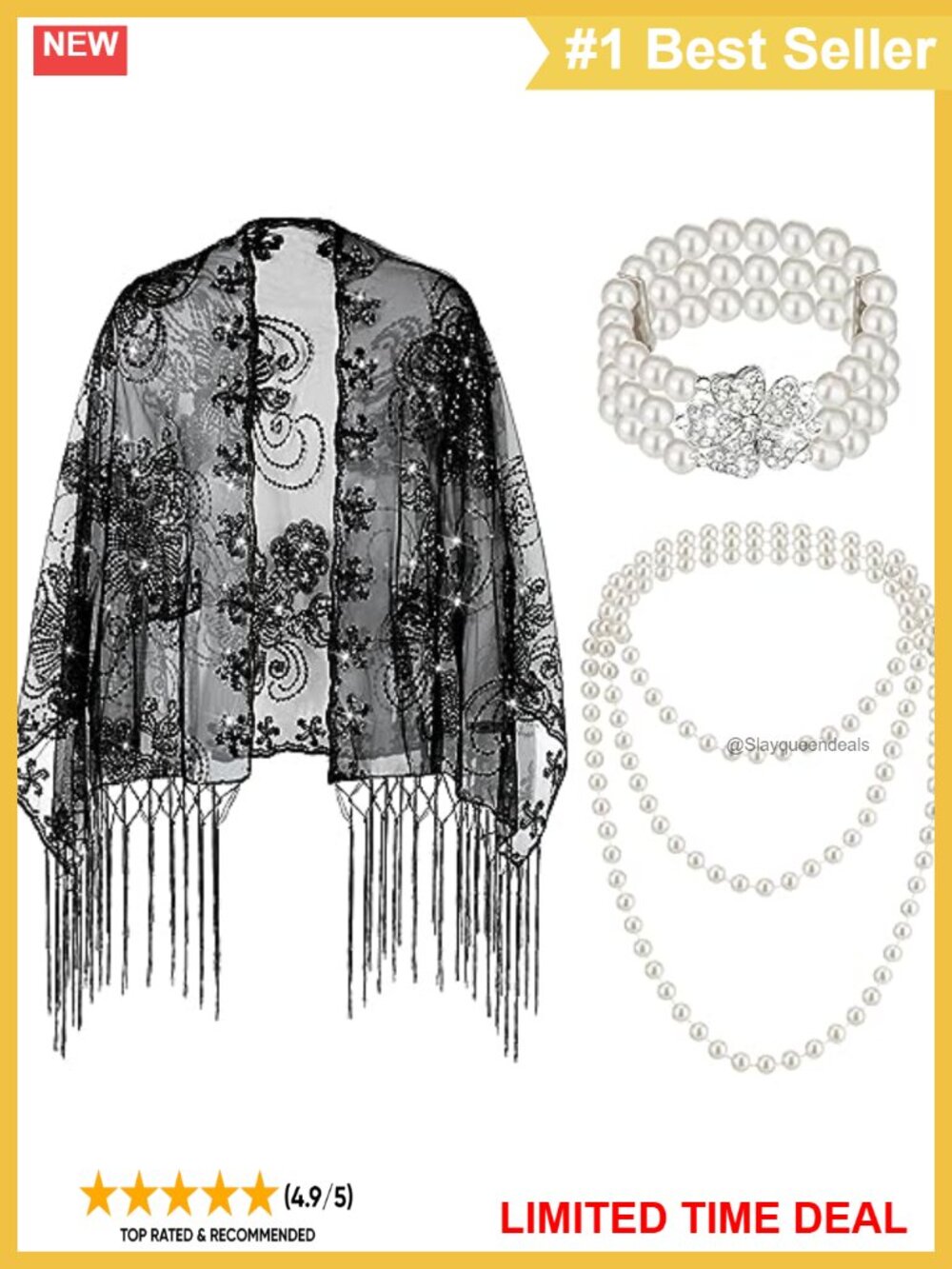 1920s Sequin Fringed Shawl Pearl Necklace Bracelet Set Gatsby Party Wrap